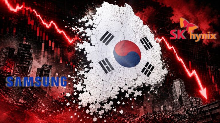 South Korea market crash thumbnail showing Samsung, SK Hynix, a falling red chart, and the South Korean flag