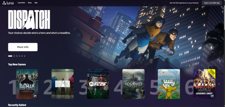Amazon Luna cloud gaming catalog showing Prime games, Fire TV access, and featured titles including Hogwarts Legacy and Wobbly Life