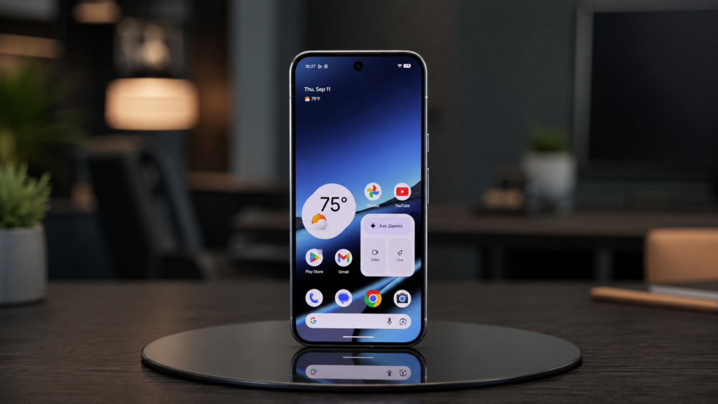 Pixel 11 style phone showing an Ask Gemini widget on the home screen