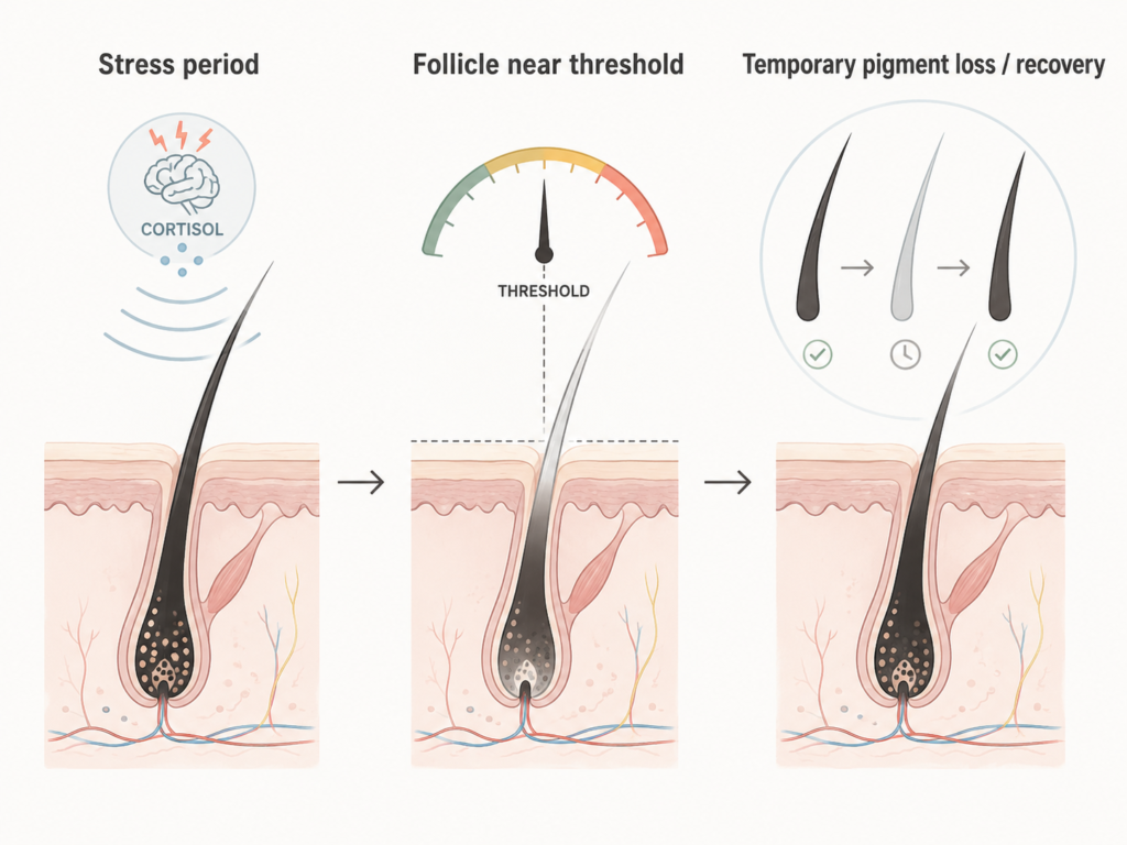 Illustration showing stress period, a hair follicle near a pigment threshold, and temporary pigment loss or recovery