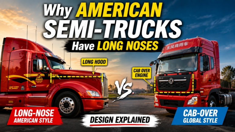Long-nose American semi-truck compared with a cab-over truck, showing why American semi trucks have long noses.